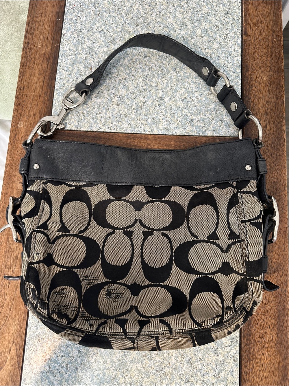 Coach Black and Tan Signature Canvas Shoulder Bag with Silver Hardware
